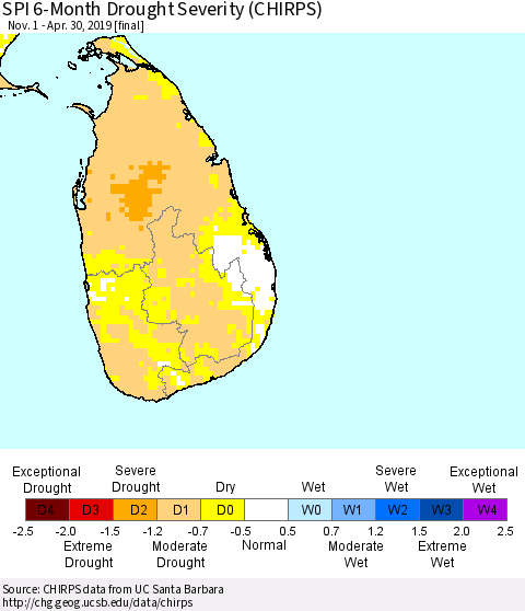 Sri Lanka SPI 6-Month Drought Severity (CHIRPS) Thematic Map For 11/1/2018 - 4/30/2019
