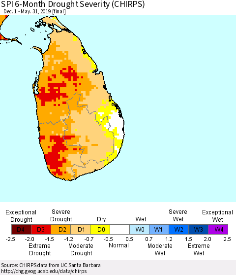 Sri Lanka SPI 6-Month Drought Severity (CHIRPS) Thematic Map For 12/1/2018 - 5/31/2019