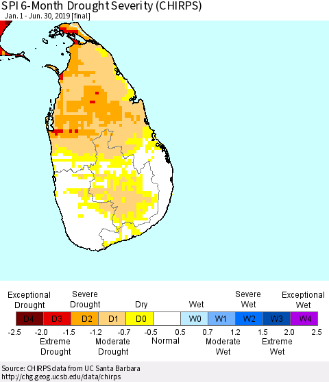 Sri Lanka SPI 6-Month Drought Severity (CHIRPS) Thematic Map For 1/1/2019 - 6/30/2019