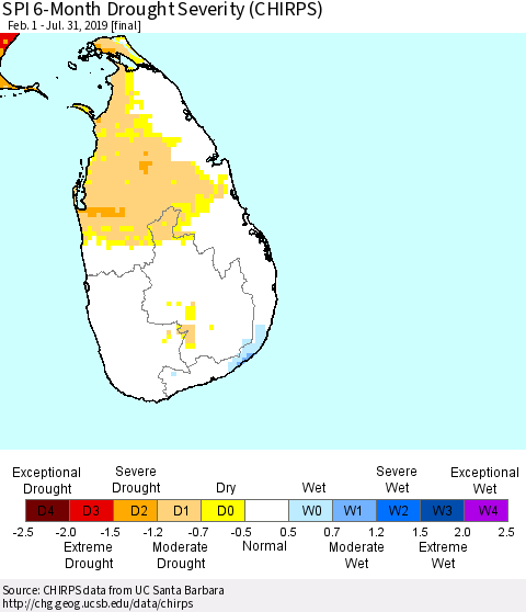 Sri Lanka SPI 6-Month Drought Severity (CHIRPS) Thematic Map For 2/1/2019 - 7/31/2019