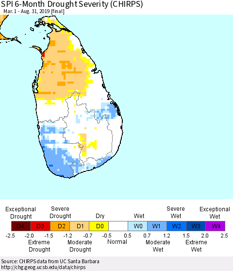 Sri Lanka SPI 6-Month Drought Severity (CHIRPS) Thematic Map For 3/1/2019 - 8/31/2019