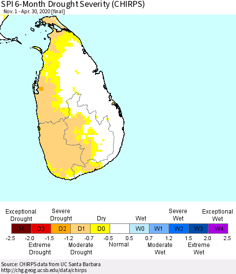 Sri Lanka SPI 6-Month Drought Severity (CHIRPS) Thematic Map For 11/1/2019 - 4/30/2020