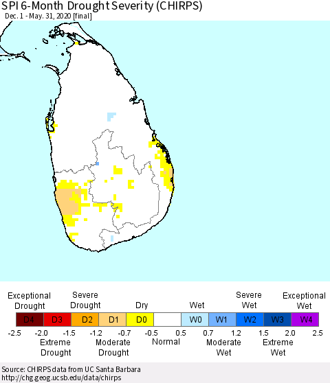 Sri Lanka SPI 6-Month Drought Severity (CHIRPS) Thematic Map For 12/1/2019 - 5/31/2020