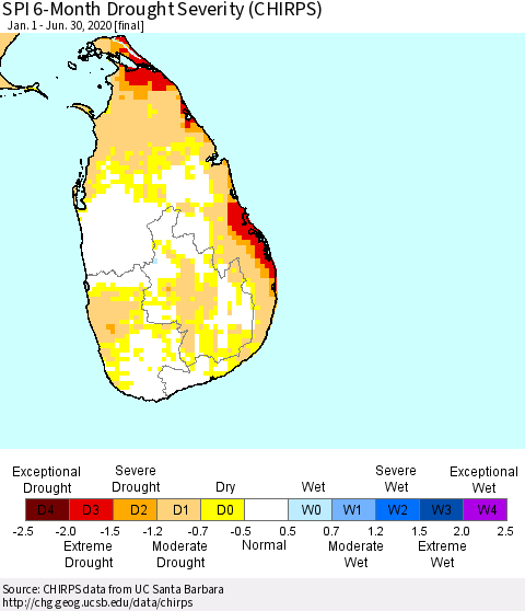 Sri Lanka SPI 6-Month Drought Severity (CHIRPS) Thematic Map For 1/1/2020 - 6/30/2020