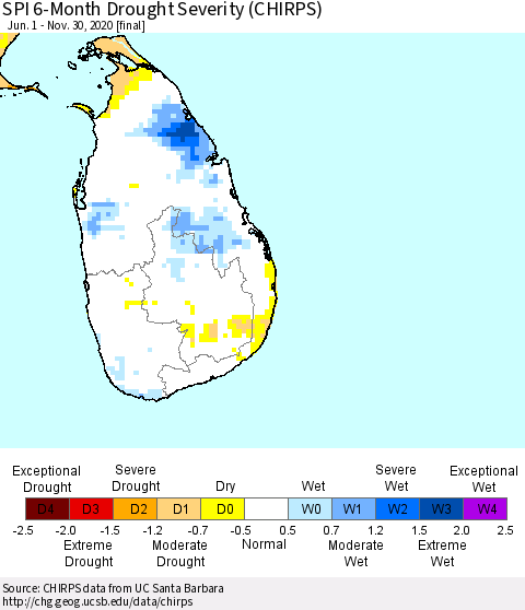 Sri Lanka SPI 6-Month Drought Severity (CHIRPS) Thematic Map For 6/1/2020 - 11/30/2020