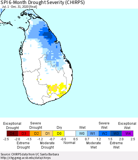 Sri Lanka SPI 6-Month Drought Severity (CHIRPS) Thematic Map For 7/1/2020 - 12/31/2020