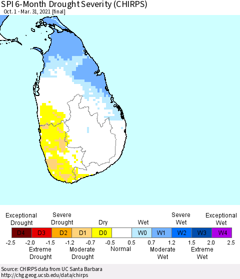 Sri Lanka SPI 6-Month Drought Severity (CHIRPS) Thematic Map For 10/1/2020 - 3/31/2021