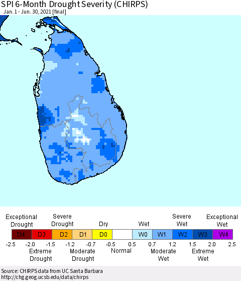 Sri Lanka SPI 6-Month Drought Severity (CHIRPS) Thematic Map For 1/1/2021 - 6/30/2021