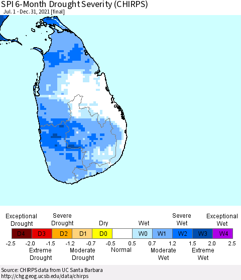 Sri Lanka SPI 6-Month Drought Severity (CHIRPS) Thematic Map For 7/1/2021 - 12/31/2021
