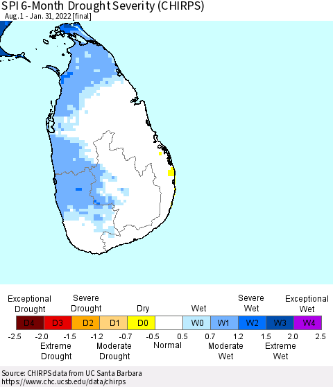 Sri Lanka SPI 6-Month Drought Severity (CHIRPS) Thematic Map For 8/1/2021 - 1/31/2022
