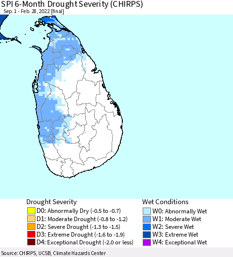Sri Lanka SPI 6-Month Drought Severity (CHIRPS) Thematic Map For 9/1/2021 - 2/28/2022