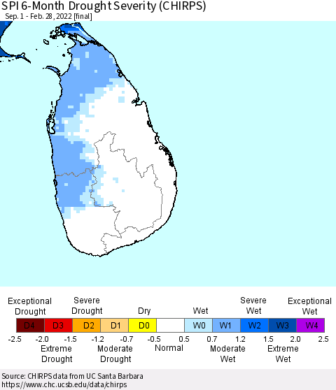 Sri Lanka SPI 6-Month Drought Severity (CHIRPS) Thematic Map For 9/1/2021 - 2/28/2022