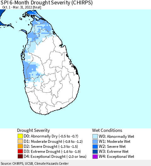 Sri Lanka SPI 6-Month Drought Severity (CHIRPS) Thematic Map For 10/1/2021 - 3/31/2022