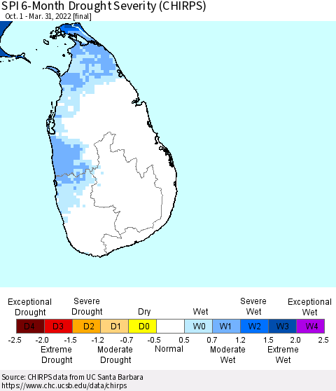 Sri Lanka SPI 6-Month Drought Severity (CHIRPS) Thematic Map For 10/1/2021 - 3/31/2022