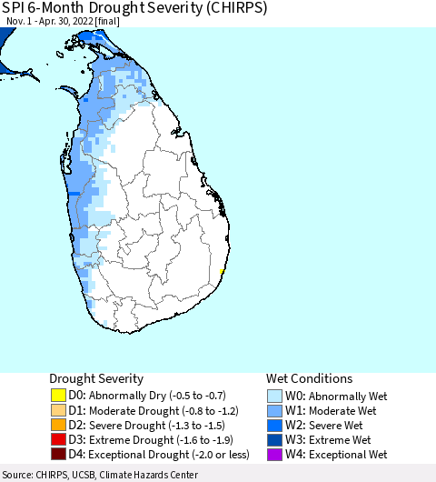 Sri Lanka SPI 6-Month Drought Severity (CHIRPS) Thematic Map For 11/1/2021 - 4/30/2022