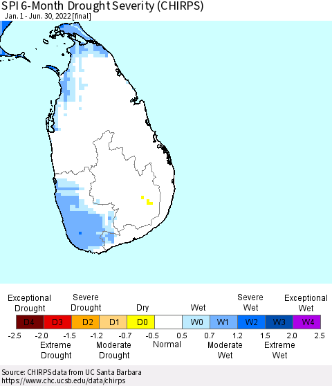 Sri Lanka SPI 6-Month Drought Severity (CHIRPS) Thematic Map For 1/1/2022 - 6/30/2022