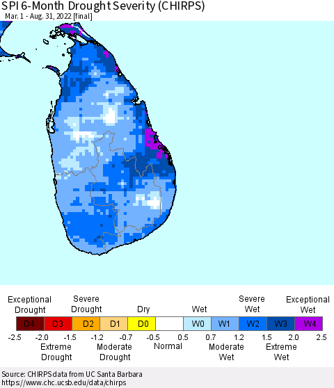 Sri Lanka SPI 6-Month Drought Severity (CHIRPS) Thematic Map For 3/1/2022 - 8/31/2022