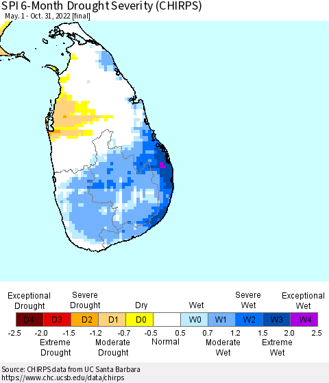 Sri Lanka SPI 6-Month Drought Severity (CHIRPS) Thematic Map For 5/1/2022 - 10/31/2022