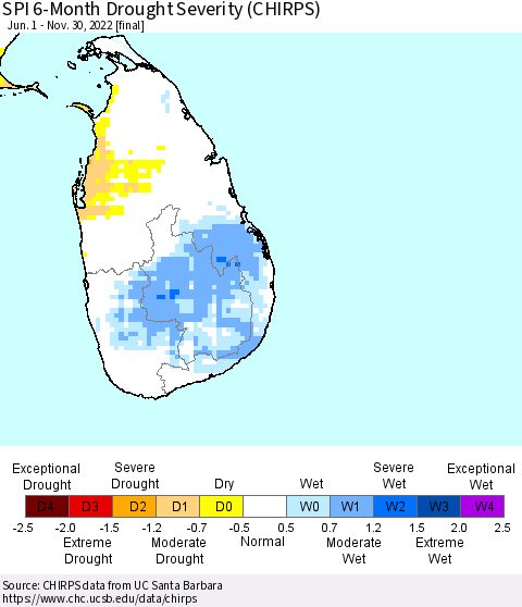 Sri Lanka SPI 6-Month Drought Severity (CHIRPS) Thematic Map For 6/1/2022 - 11/30/2022