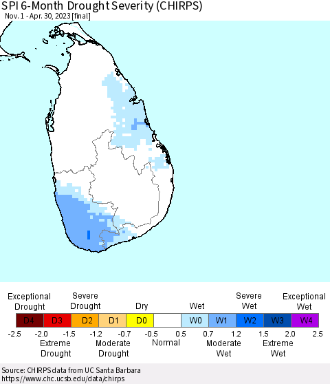 Sri Lanka SPI 6-Month Drought Severity (CHIRPS) Thematic Map For 11/1/2022 - 4/30/2023