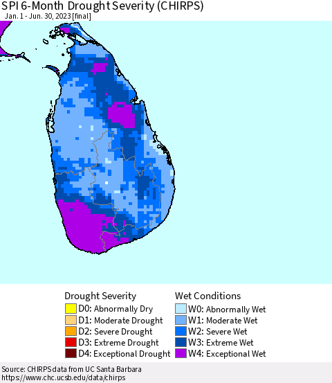 Sri Lanka SPI 6-Month Drought Severity (CHIRPS) Thematic Map For 1/1/2023 - 6/30/2023