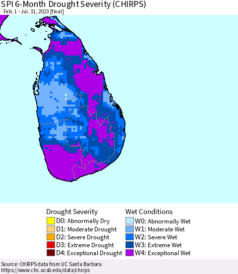 Sri Lanka SPI 6-Month Drought Severity (CHIRPS) Thematic Map For 2/1/2023 - 7/31/2023