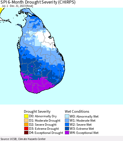 Sri Lanka SPI 6-Month Drought Severity (CHIRPS) Thematic Map For 7/1/2023 - 12/31/2023