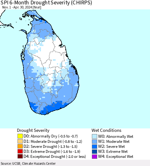 Sri Lanka SPI 6-Month Drought Severity (CHIRPS) Thematic Map For 11/1/2023 - 4/30/2024