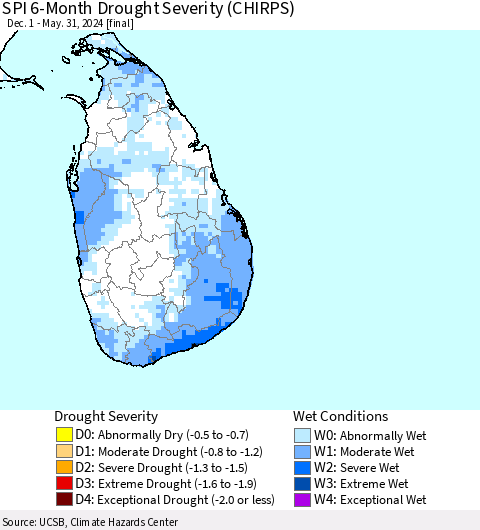 Sri Lanka SPI 6-Month Drought Severity (CHIRPS) Thematic Map For 12/1/2023 - 5/31/2024