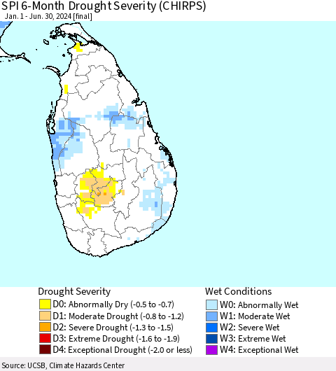 Sri Lanka SPI 6-Month Drought Severity (CHIRPS) Thematic Map For 1/1/2024 - 6/30/2024