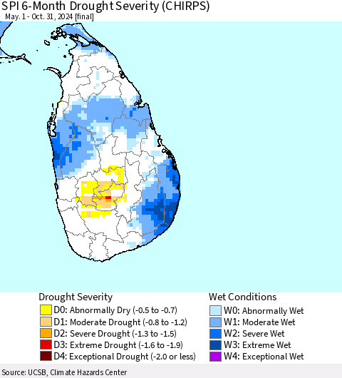 Sri Lanka SPI 6-Month Drought Severity (CHIRPS) Thematic Map For 5/1/2024 - 10/31/2024