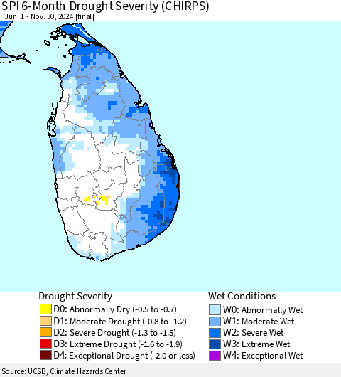 Sri Lanka SPI 6-Month Drought Severity (CHIRPS) Thematic Map For 6/1/2024 - 11/30/2024