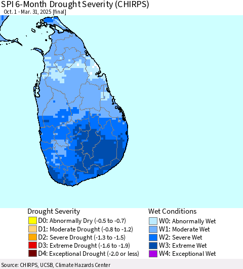 Sri Lanka SPI 6-Month Drought Severity (CHIRPS) Thematic Map For 10/1/2024 - 3/31/2025