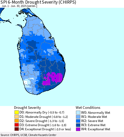Sri Lanka SPI 6-Month Drought Severity (CHIRPS) Thematic Map For 1/1/2025 - 6/30/2025