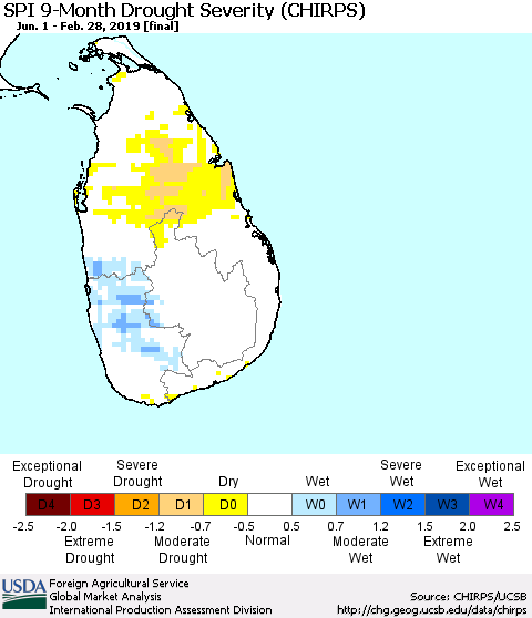 Sri Lanka SPI 9-Month Drought Severity (CHIRPS) Thematic Map For 6/1/2018 - 2/28/2019