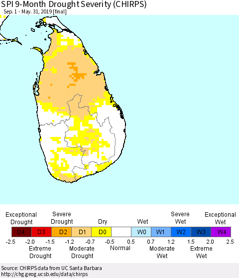Sri Lanka SPI 9-Month Drought Severity (CHIRPS) Thematic Map For 9/1/2018 - 5/31/2019