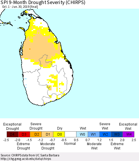 Sri Lanka SPI 9-Month Drought Severity (CHIRPS) Thematic Map For 10/1/2018 - 6/30/2019