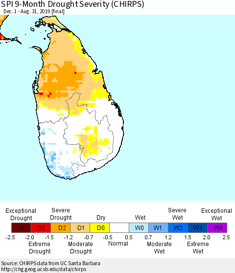 Sri Lanka SPI 9-Month Drought Severity (CHIRPS) Thematic Map For 12/1/2018 - 8/31/2019