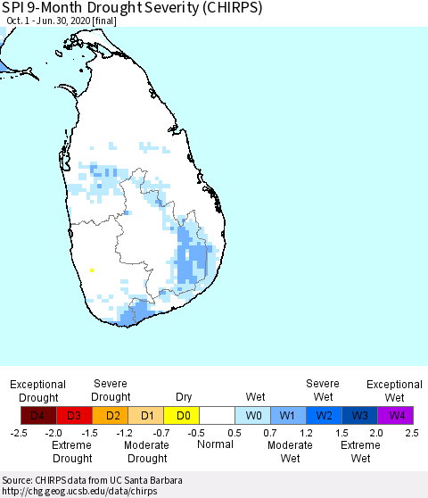 Sri Lanka SPI 9-Month Drought Severity (CHIRPS) Thematic Map For 10/1/2019 - 6/30/2020