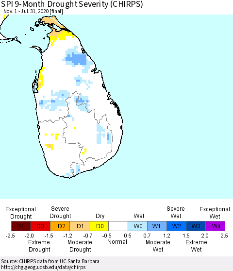 Sri Lanka SPI 9-Month Drought Severity (CHIRPS) Thematic Map For 11/1/2019 - 7/31/2020
