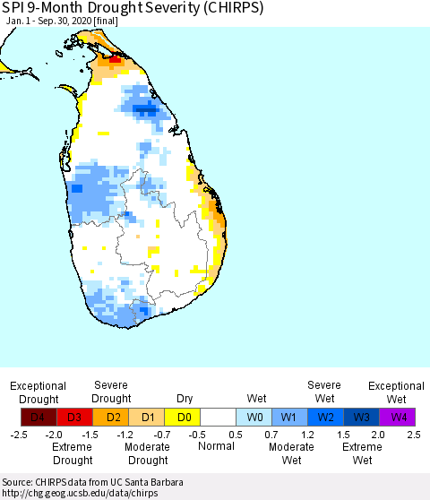 Sri Lanka SPI 9-Month Drought Severity (CHIRPS) Thematic Map For 1/1/2020 - 9/30/2020