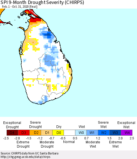 Sri Lanka SPI 9-Month Drought Severity (CHIRPS) Thematic Map For 2/1/2020 - 10/31/2020