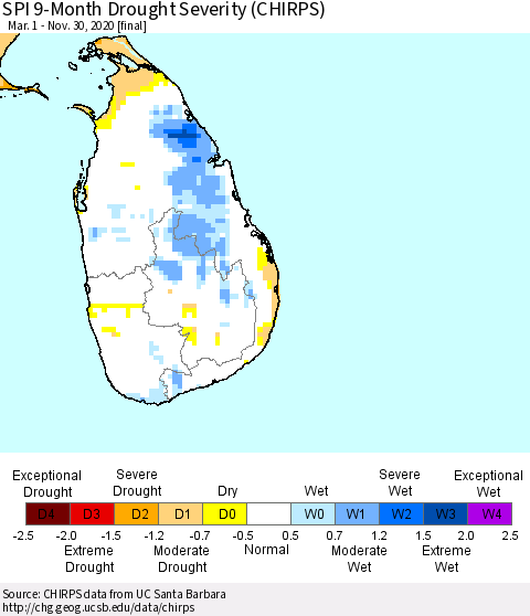 Sri Lanka SPI 9-Month Drought Severity (CHIRPS) Thematic Map For 3/1/2020 - 11/30/2020