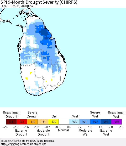 Sri Lanka SPI 9-Month Drought Severity (CHIRPS) Thematic Map For 4/1/2020 - 12/31/2020