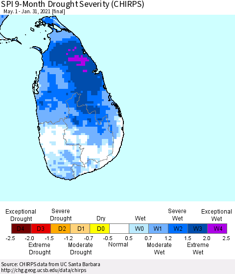 Sri Lanka SPI 9-Month Drought Severity (CHIRPS) Thematic Map For 5/1/2020 - 1/31/2021