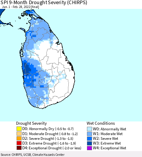 Sri Lanka SPI 9-Month Drought Severity (CHIRPS) Thematic Map For 6/1/2021 - 2/28/2022