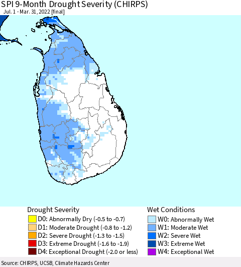 Sri Lanka SPI 9-Month Drought Severity (CHIRPS) Thematic Map For 7/1/2021 - 3/31/2022