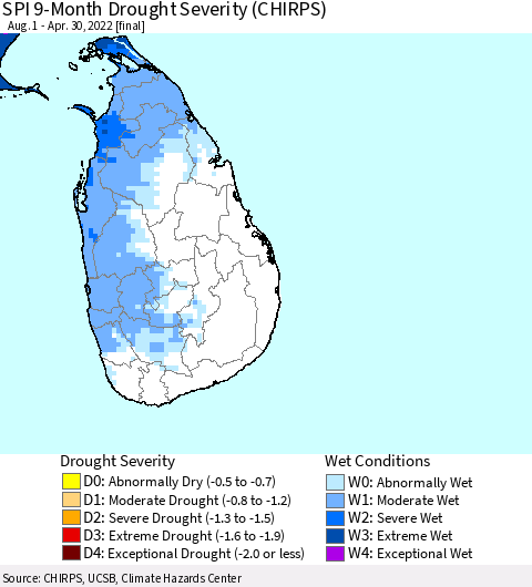 Sri Lanka SPI 9-Month Drought Severity (CHIRPS) Thematic Map For 8/1/2021 - 4/30/2022