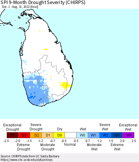 Sri Lanka SPI 9-Month Drought Severity (CHIRPS) Thematic Map For 12/1/2021 - 8/31/2022