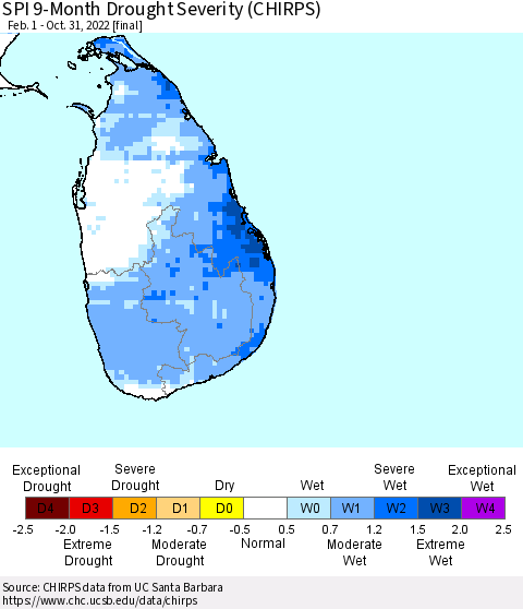 Sri Lanka SPI 9-Month Drought Severity (CHIRPS) Thematic Map For 2/1/2022 - 10/31/2022